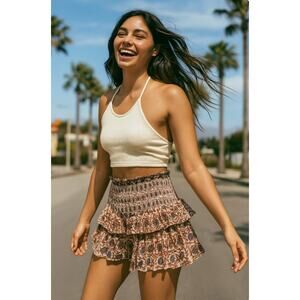 House Of Harlow 1960 Size M Smocked Mini Skirt Rust Floral Bohemian Cotton